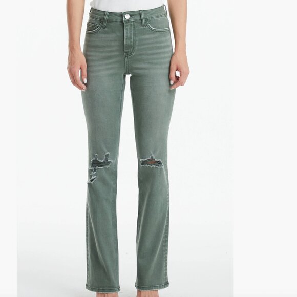 Bayeas - Green High Rise Distressed Flare Pants - Picture 1 of 8